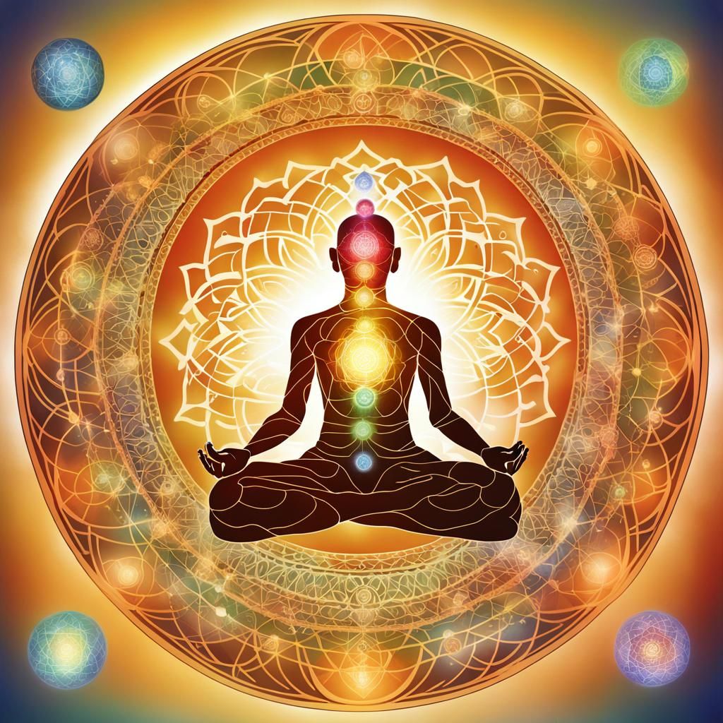 Meditative Figure with Reiki Energy and Chakra Symbols