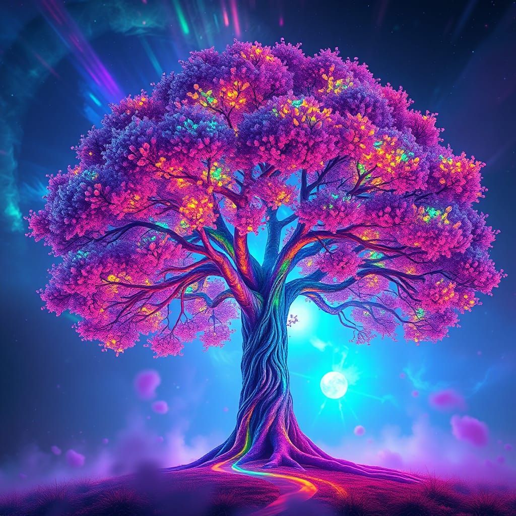 Rainbow Tree in Mystical Realm: 3D Art