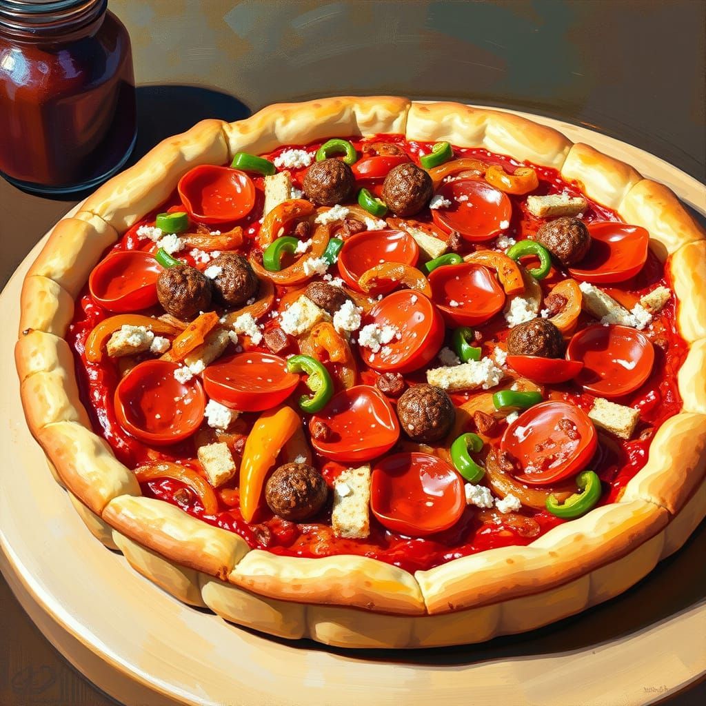 Savory Deep Dish Pizza in Warm Still Life Style