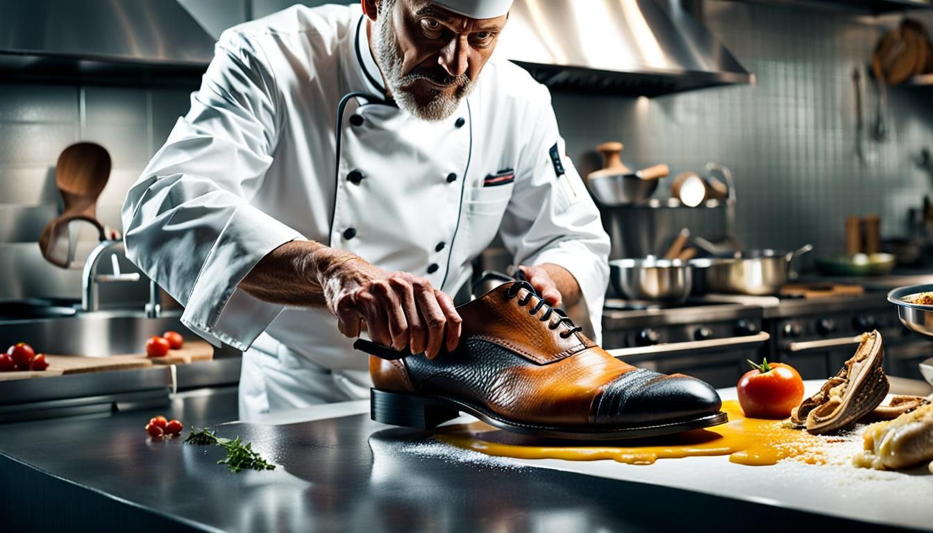 French Chef Slices a Gross Shoe in a Bright White Kitchen