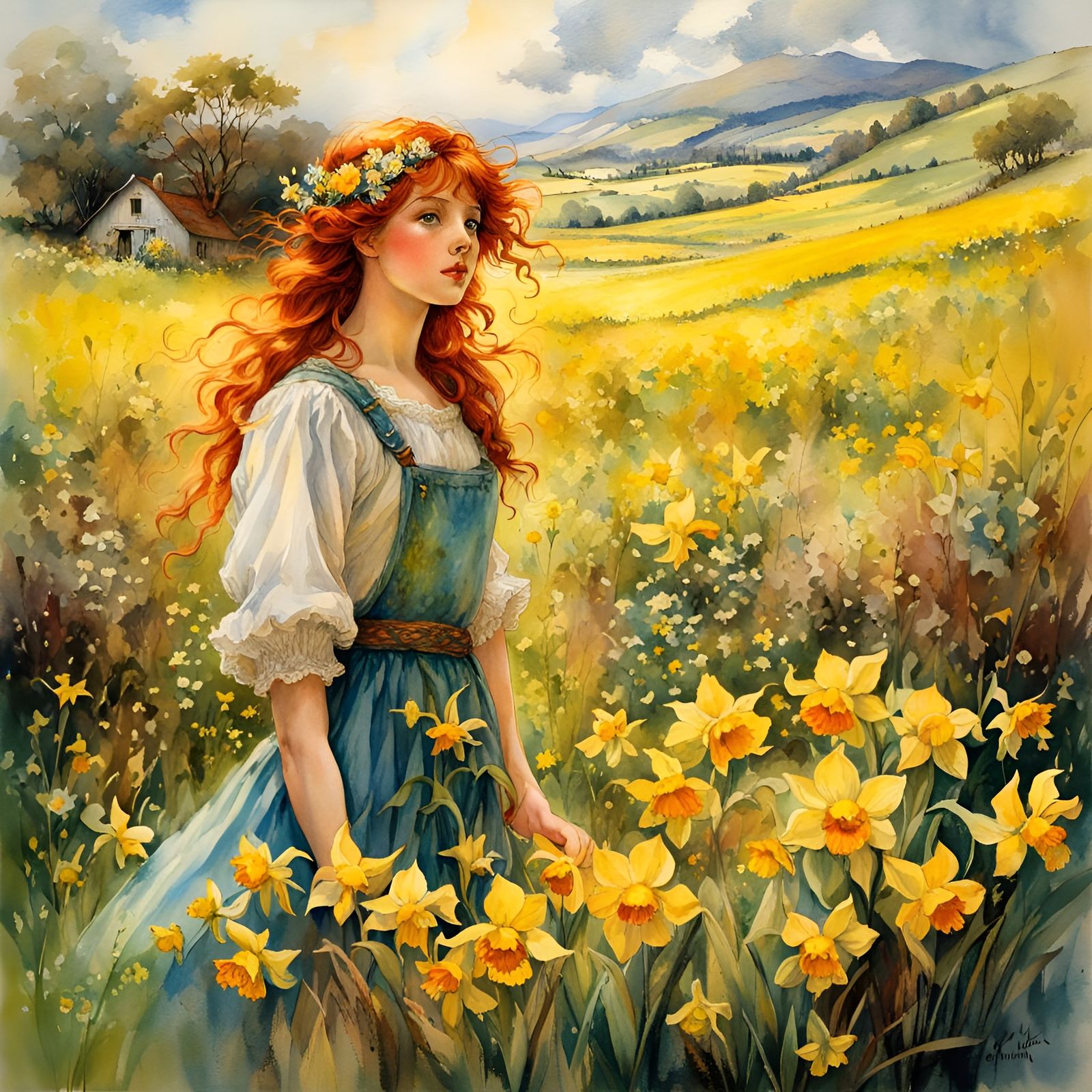 Farmer's Daughter in Yellow Flower Field