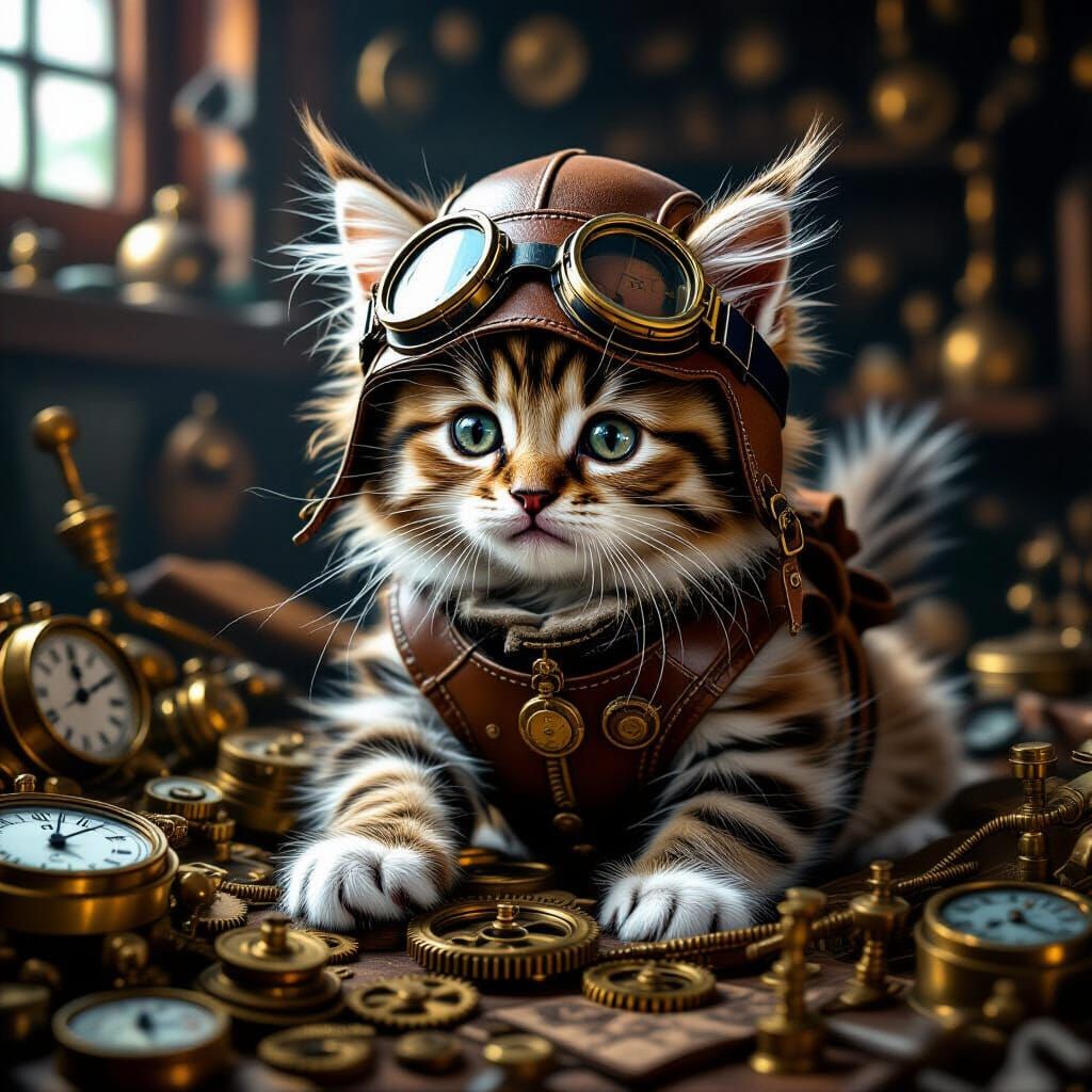 Steampunk Kitten in Antique Workshop