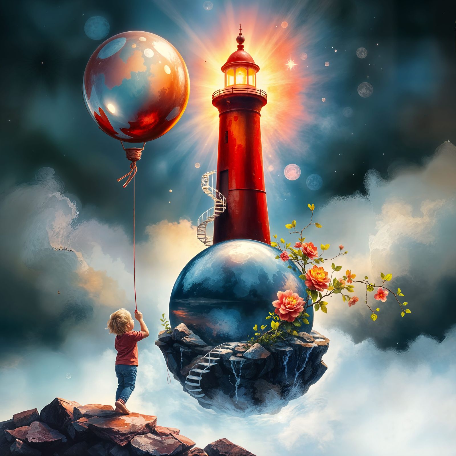 Crimson Lighthouse in Glass Balloon: Surreal Dreamscape