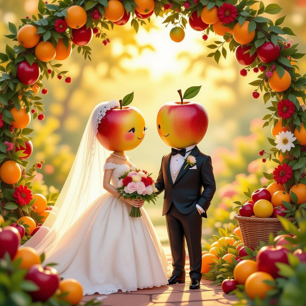 Whimsical Apple Couple Wedding Illustration