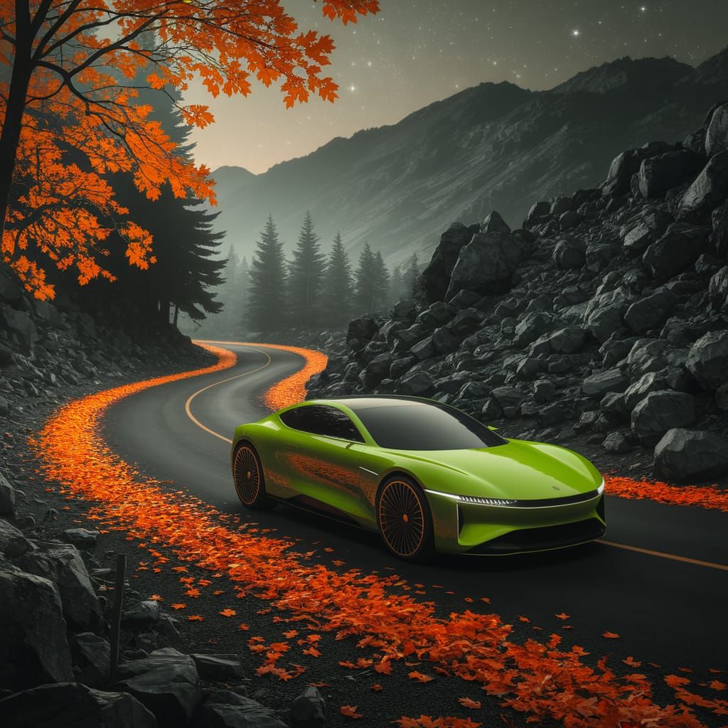 Neon Futuristic Car on Autumn Road