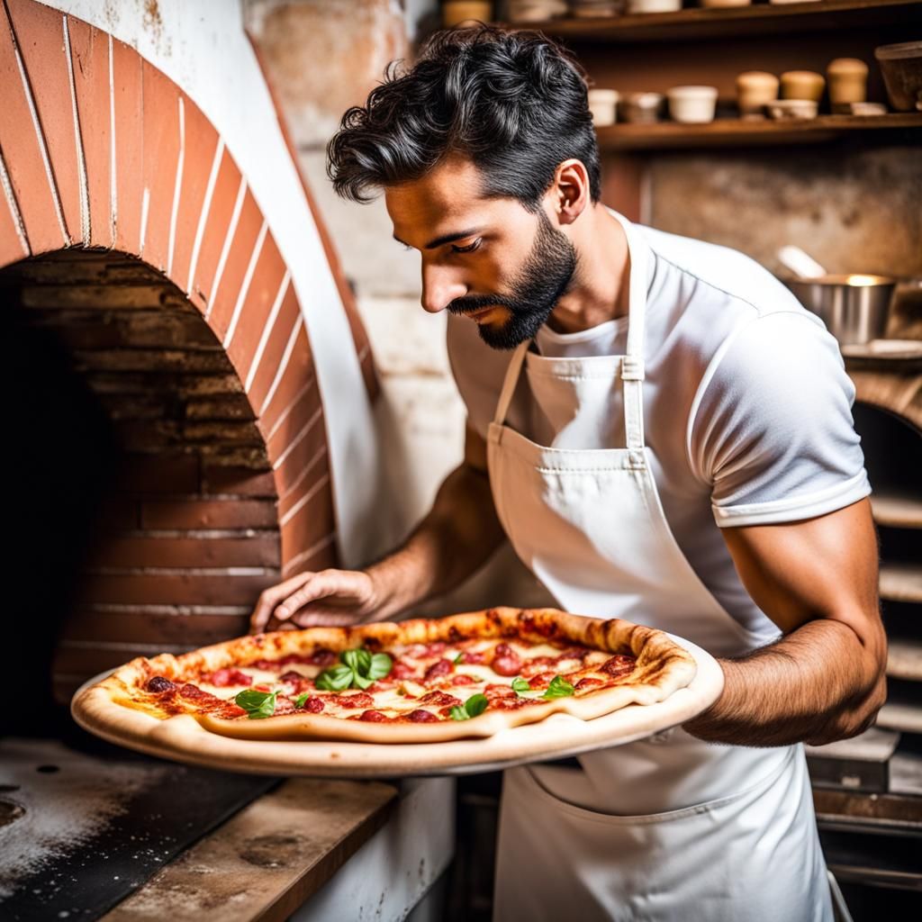 Handsome Cook Baking Pizza in Trastevere Pizzeria