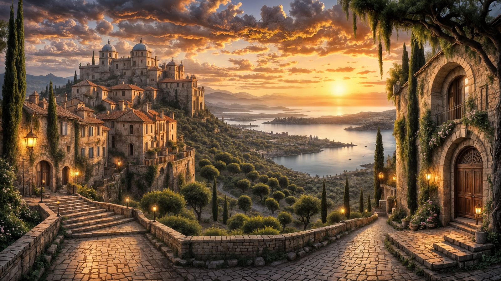 Rhodes Castle Evening Scene with Aegean Sea View