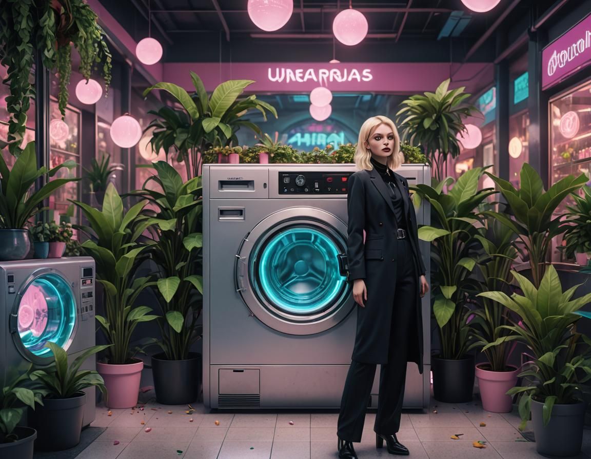 Goth Woman in Vaporwave Mall Lounge