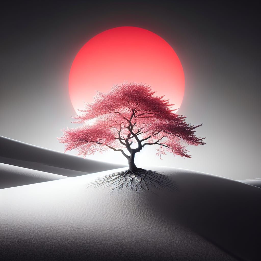 Solitary Sakura Tree with Red Sun