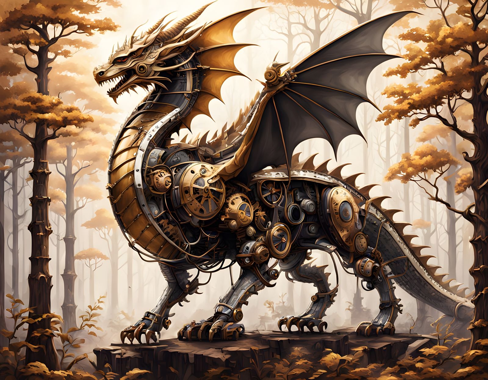 Mechanical Dragon in Metallic Forest with Steampunk Engine