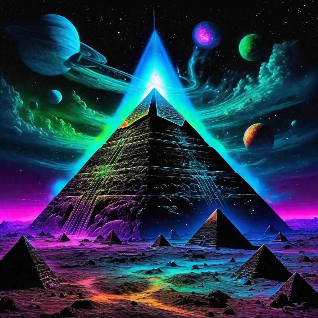 Brilliant cool night colors phosphorescent colors glow in the dark bioluminescent colors single Disappearing pyramid in ...