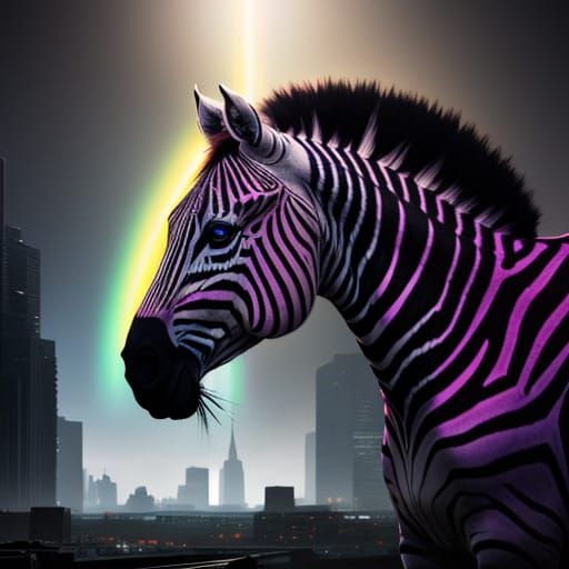 Rainbow Zebra Amidst Neon Sunken City