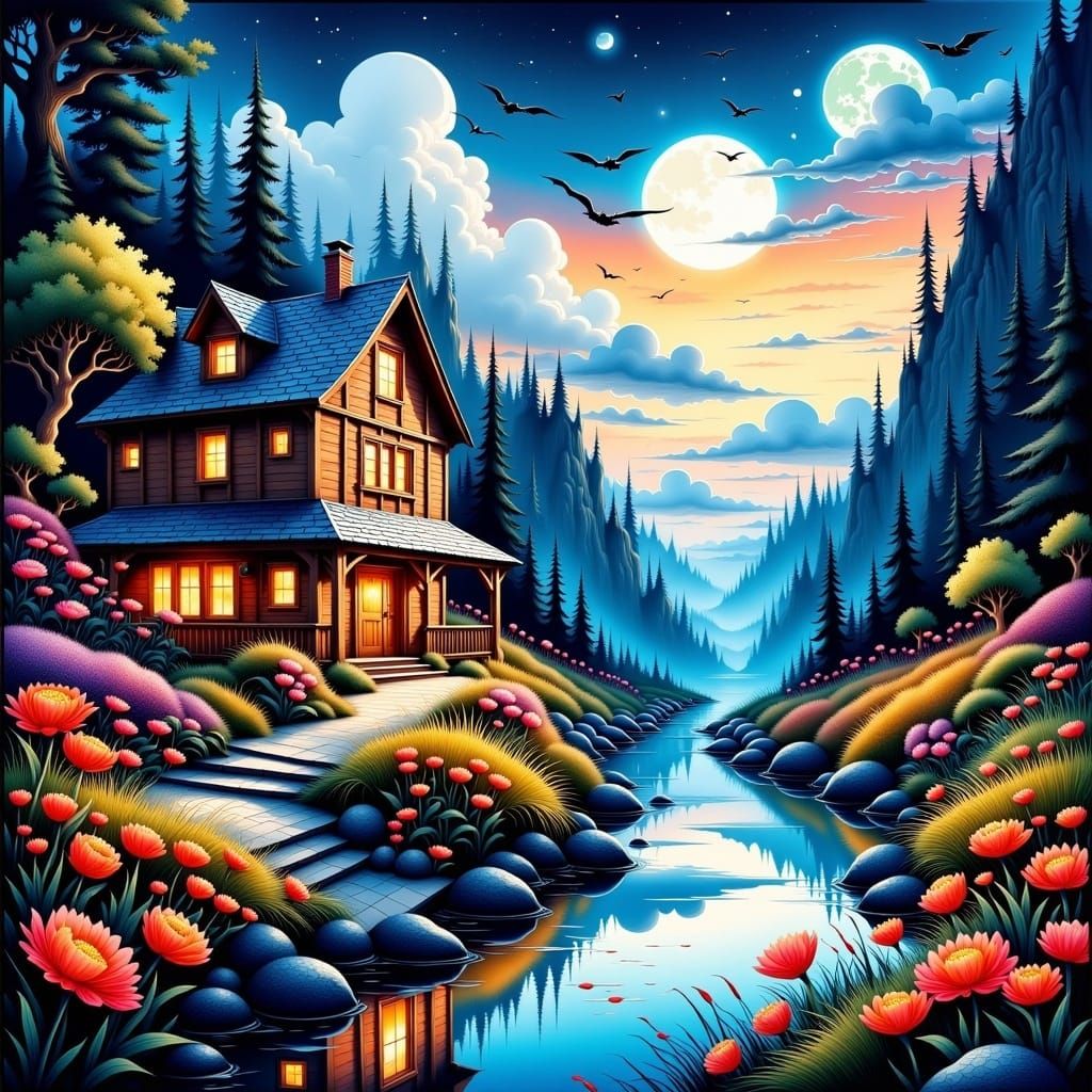 Dark Fantasy River Landscape in Watercolor Style