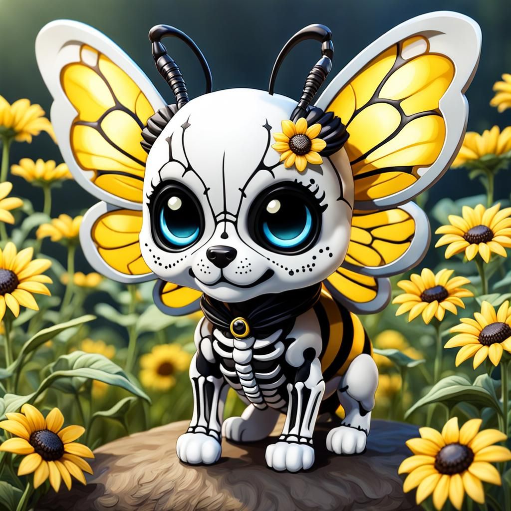 Chibi Puppy Bee Skeleton in Sunflower Field