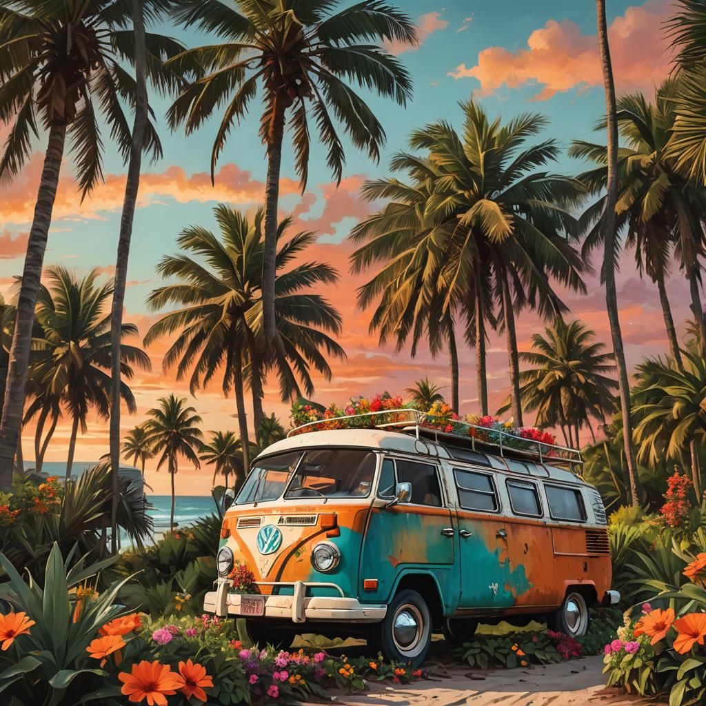 Vintage Camper Van Sunset in Retro-Futuristic Style