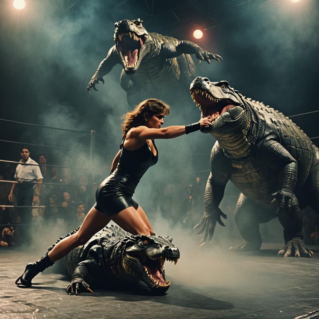 Wrestling Match: Woman vs Crocodile in Cinematic Style