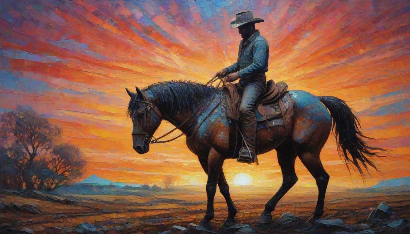 Wild West Cowboy Rides Horse Under Sunset
