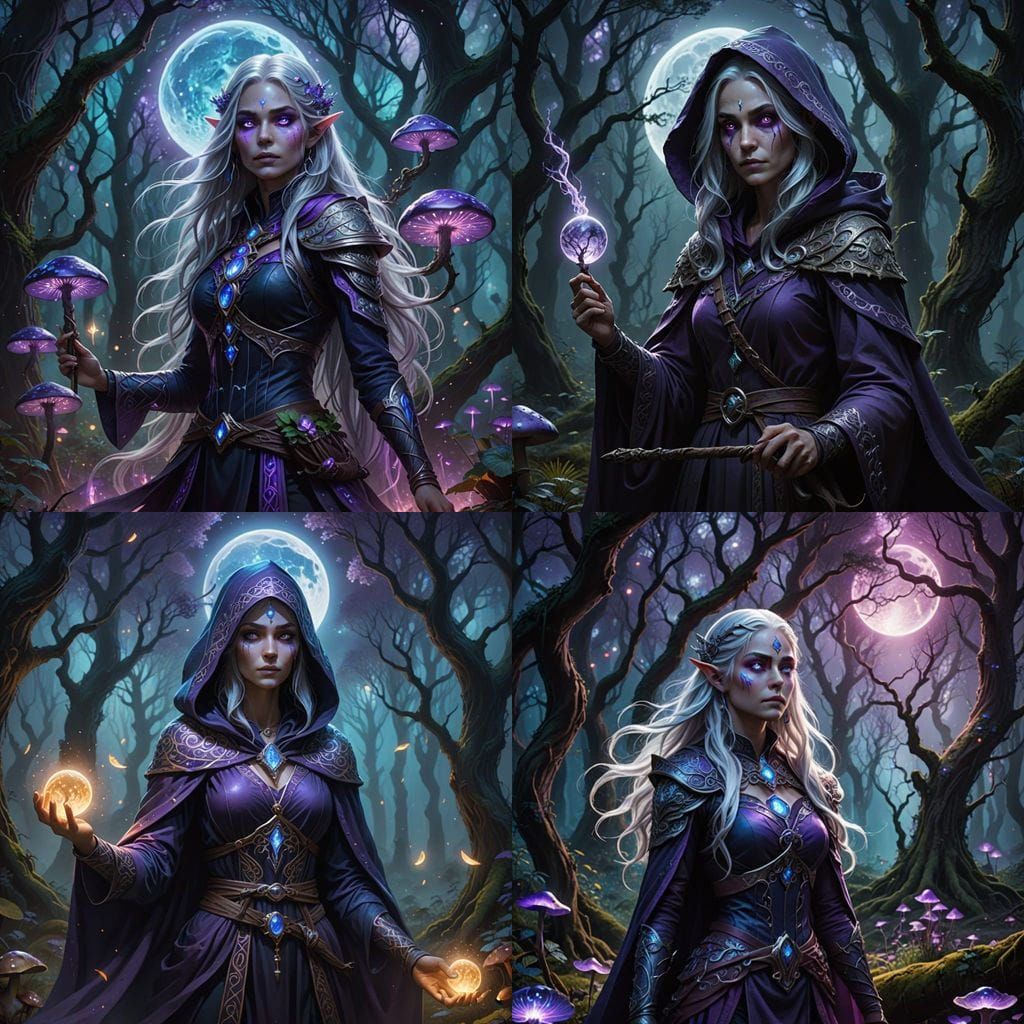 Ethereal Moon Elf Witch with Celestial Robe and Arcane Staff