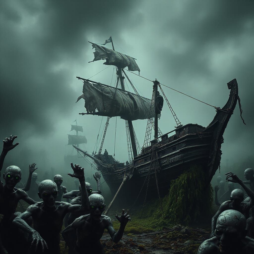 Gothic Pirate Ship Devoured by Undead Horde in Dark Surreali...
