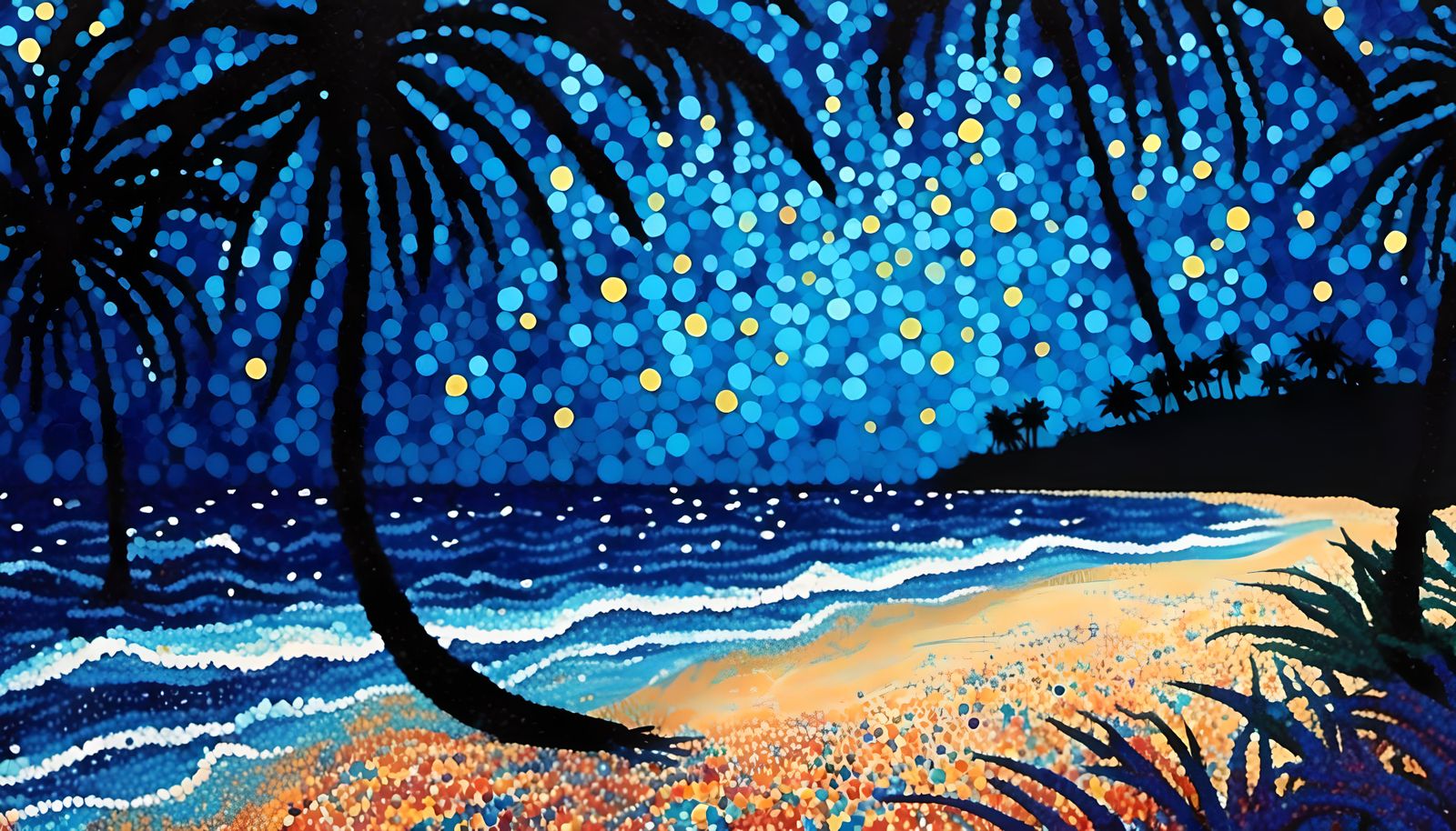 Pointillist Beach at Night in Dot Art Style
