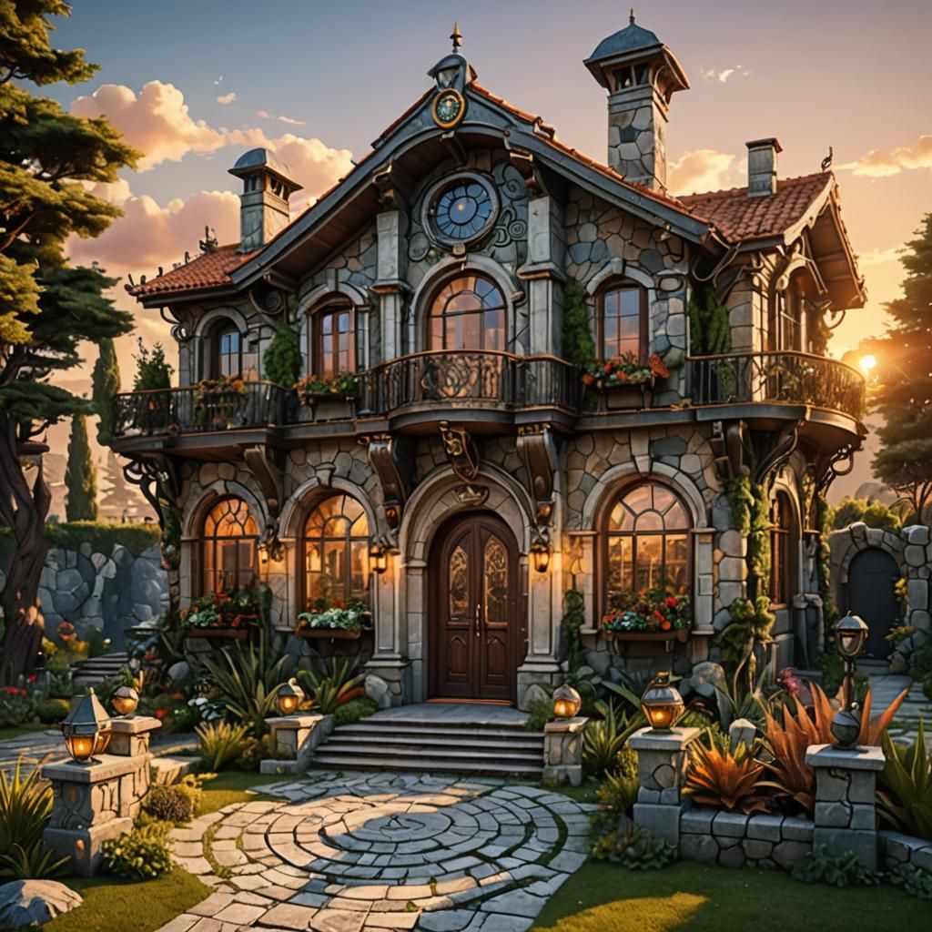 Retro-Futuristic House with Renaissance and Steampunk Elemen...