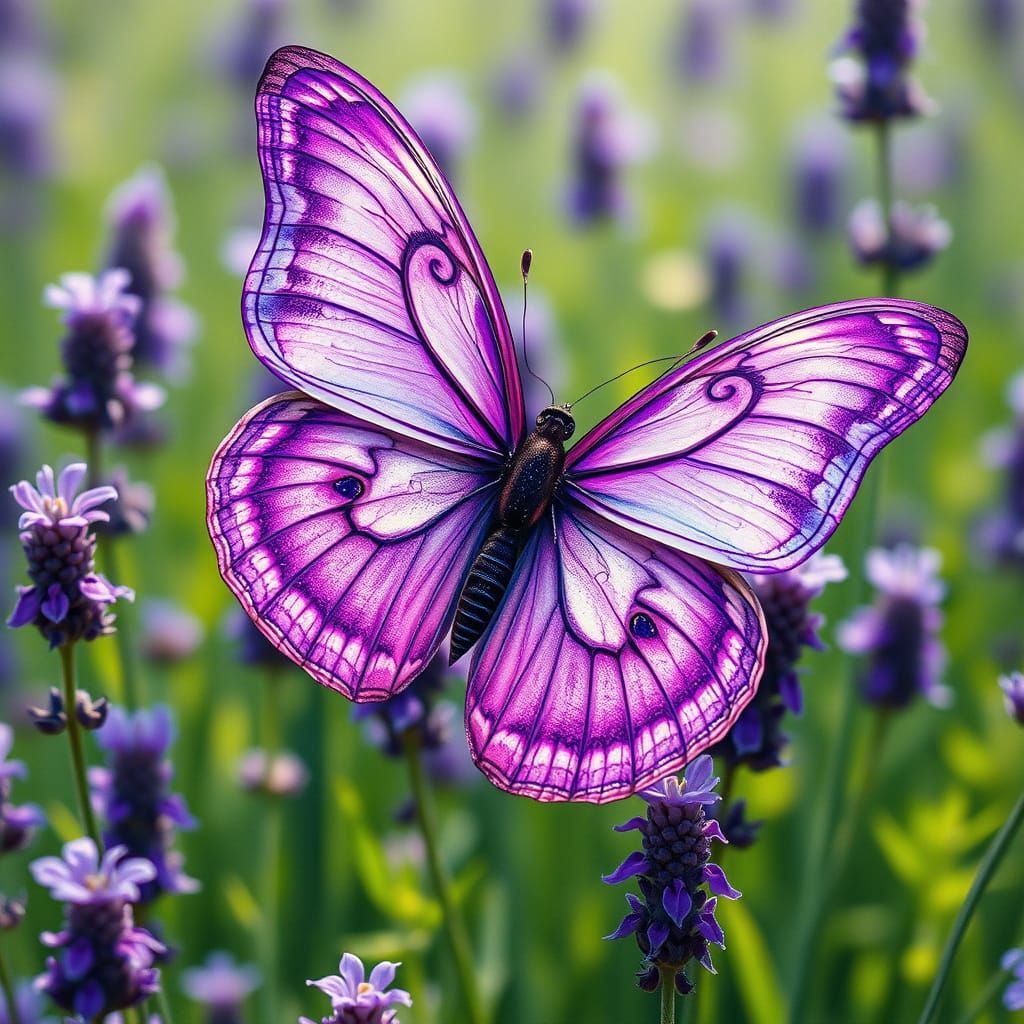 Iridescent Butterfly in Lavender Field, Art Nouveau Style