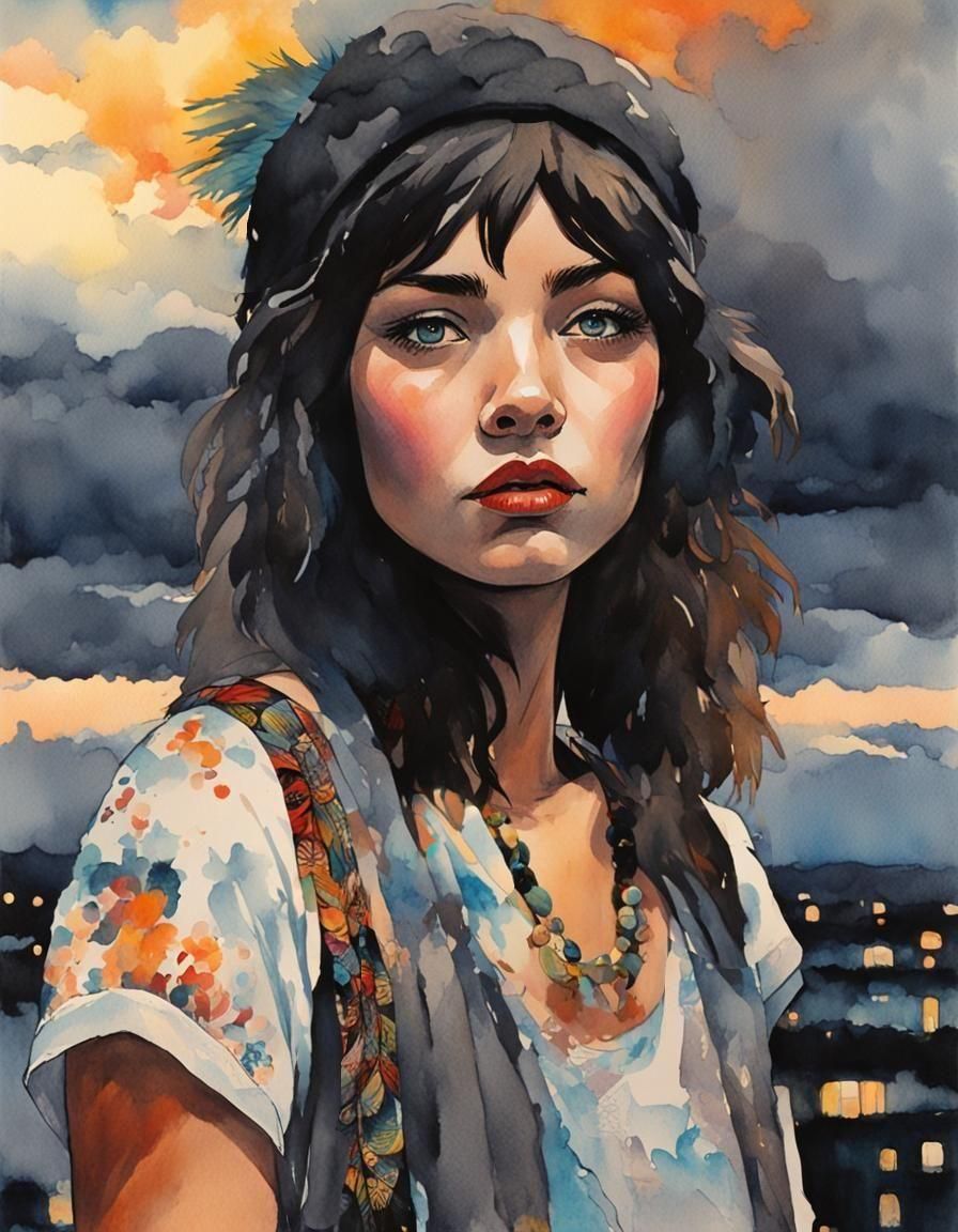 Bohemian Student's Moody Watercolor Portrait at Dawn