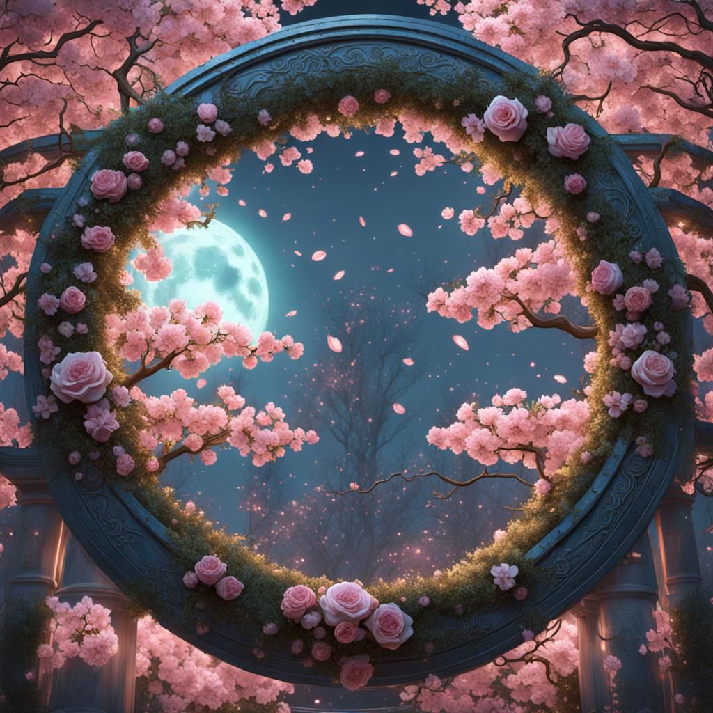 Moon (wreath) cherry blossoms roses