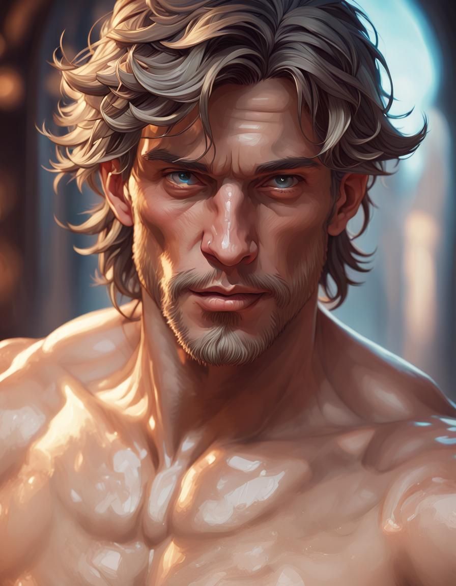 Hyperdetailed Portrait of Shirtless Man in Art Nouveau Style