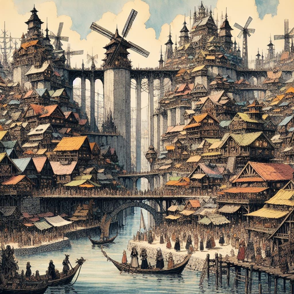 Bustling Bridge Town with Fantasy Medieval Influences