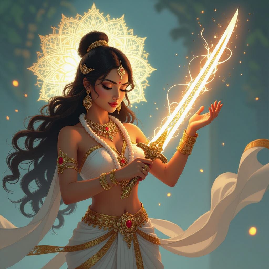 “Parvati, Hindu goddess, holding a radiant golden-white swor...