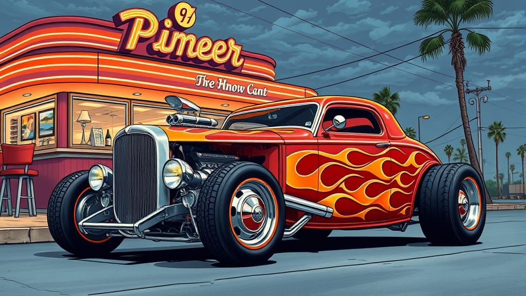 Stylized Hot Rod at Retro Diner, Comic Book Art