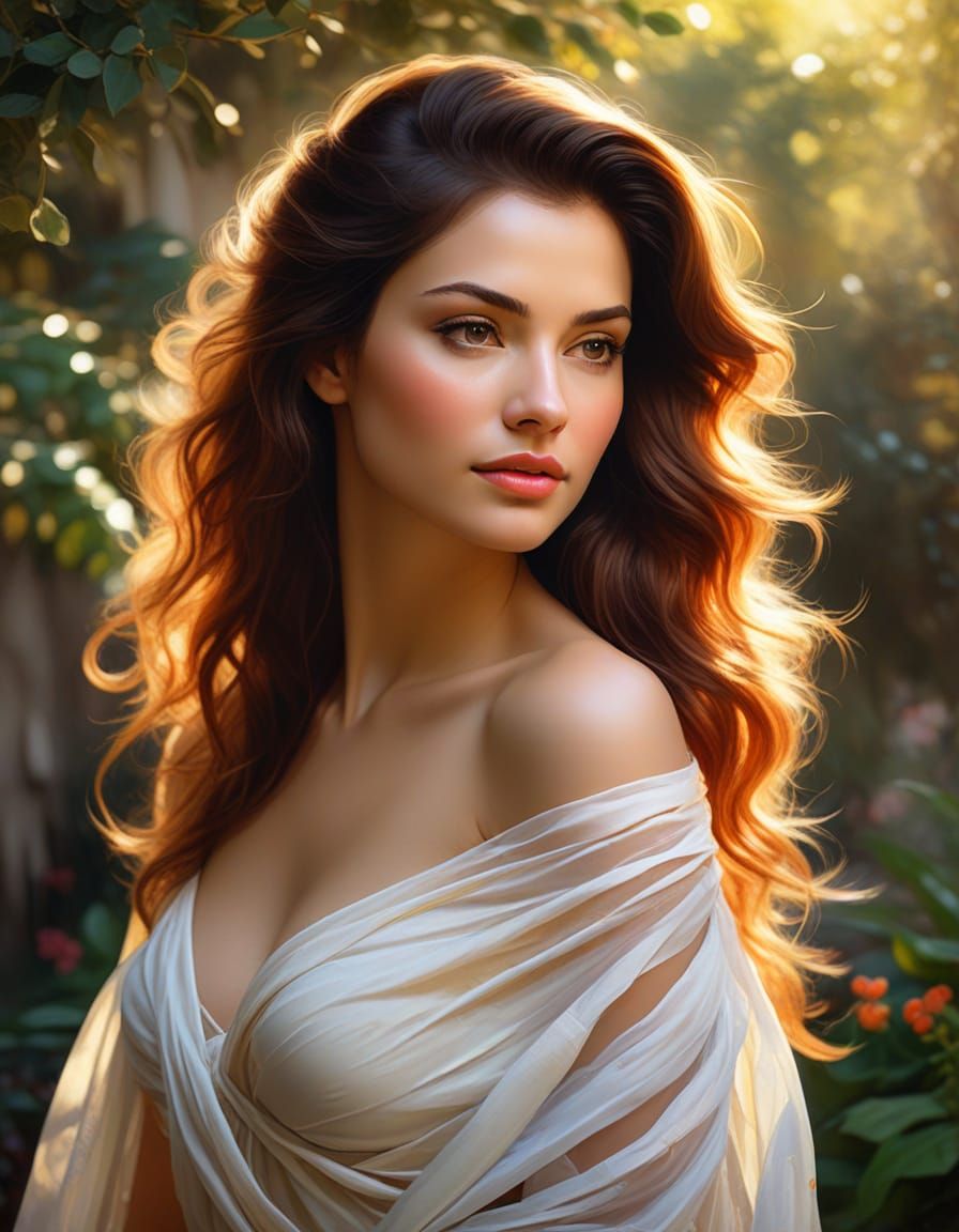 Enigmatic Latin Woman in Lush Garden Portrait