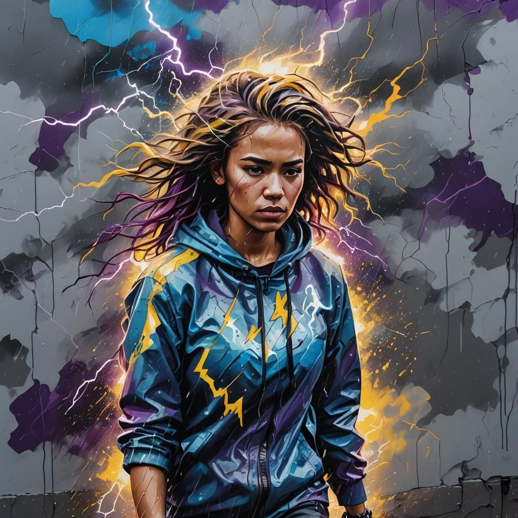 Woman in Storm: Graffiti Art with Gouache Effects