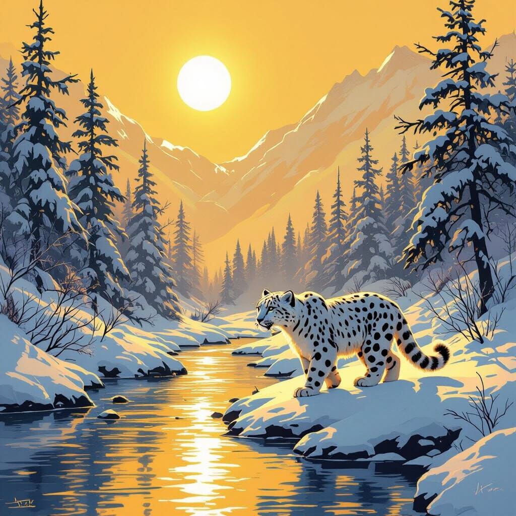 Snow Leopard in Warm Light by River