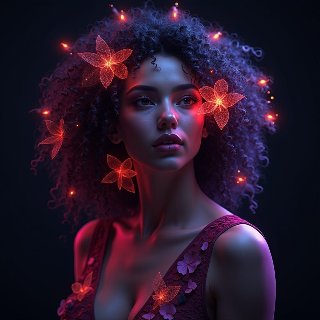 Glowing Cyber Flowers Adorn a Beauty in High-Tech Art Nouvea...