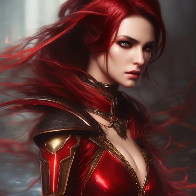 Demoness Warrior in Red Armor: Hyperdetailed Portrait