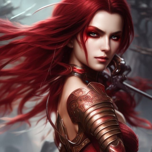 Demoness Warrior in Red Armor, Digital Illustration