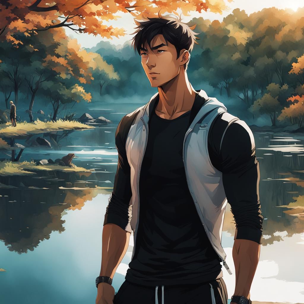 Anime Jock Portrait with River Background in Watercolor
