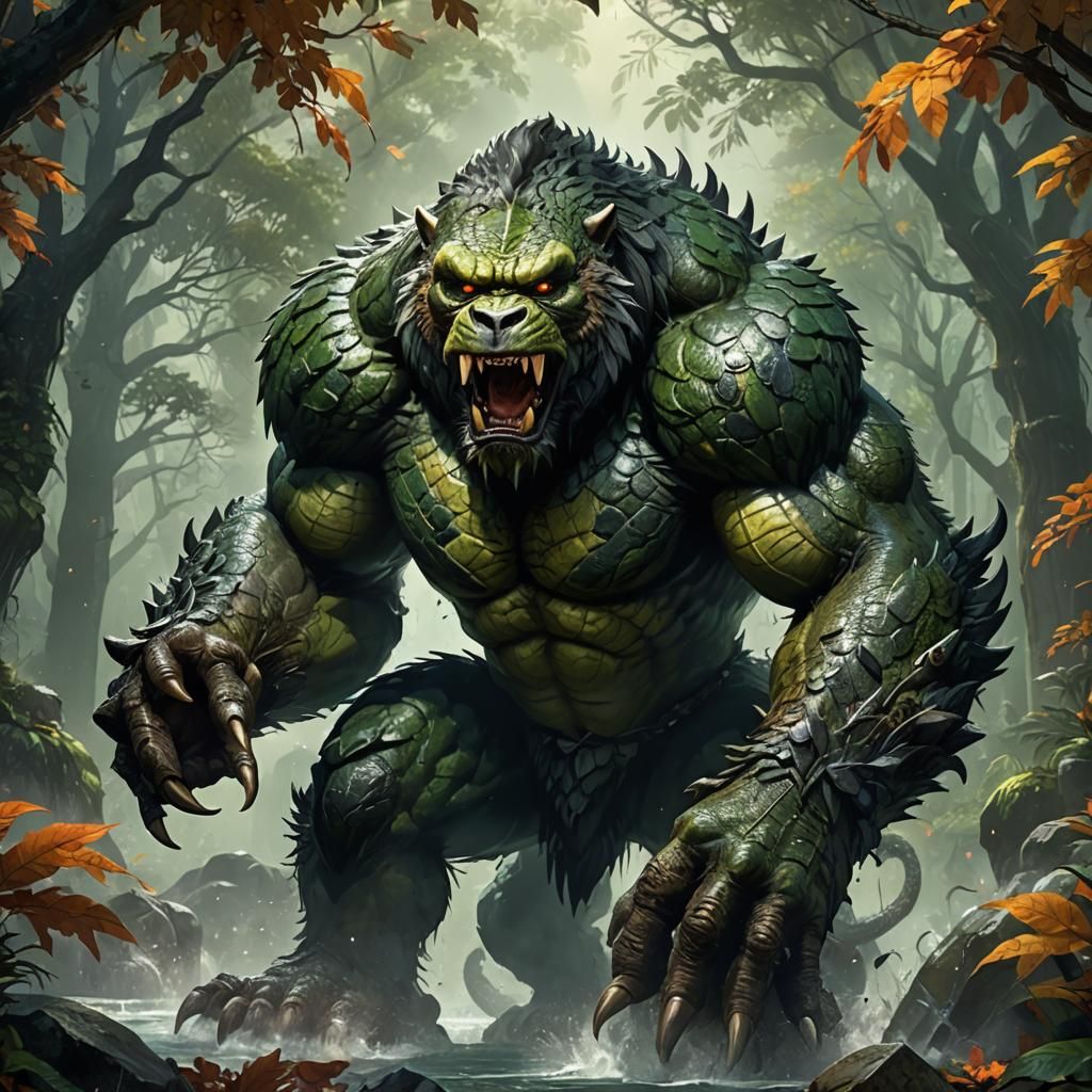 Monstrous Hybrid Creature in a Fantasy Landscape