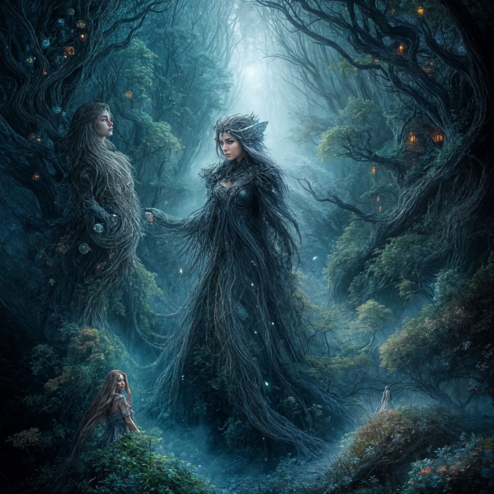 Guardian Woman in Moonlight Fur at Ancient Forest Edge