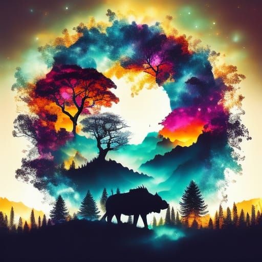 Lonely Demon in Vibrant Fantasy Landscape Digital Art