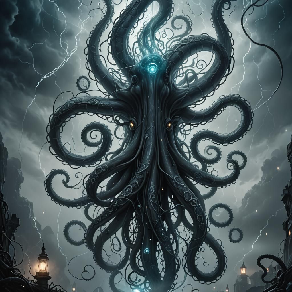 Tentacle Reaching for Glass A in Dark Fantasy Scene