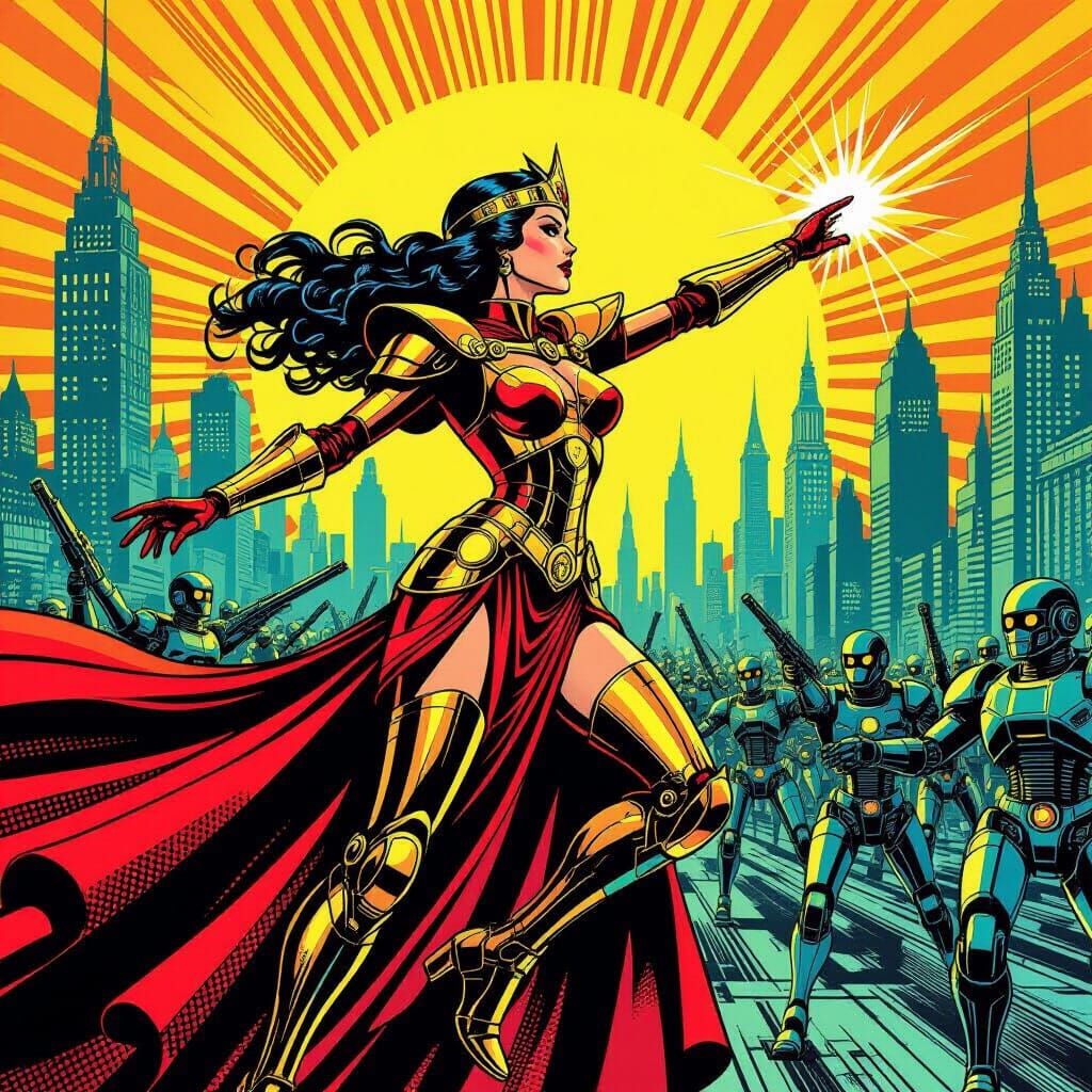 Empress Commands Clockwork Army in 1970s Comic Art Style