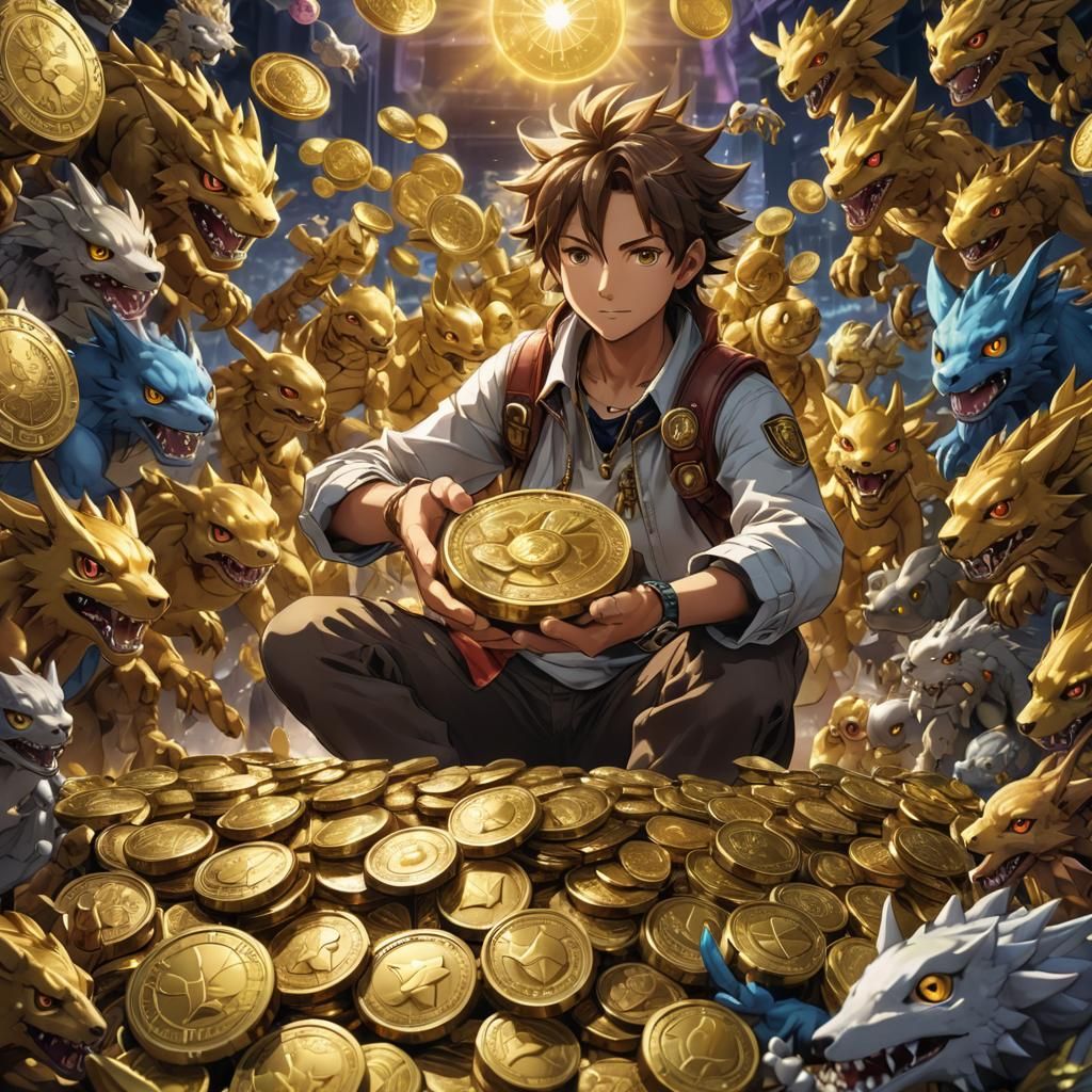 Fantasy Digimon Trader Amidst Glowing Coins in Vibrant Scene