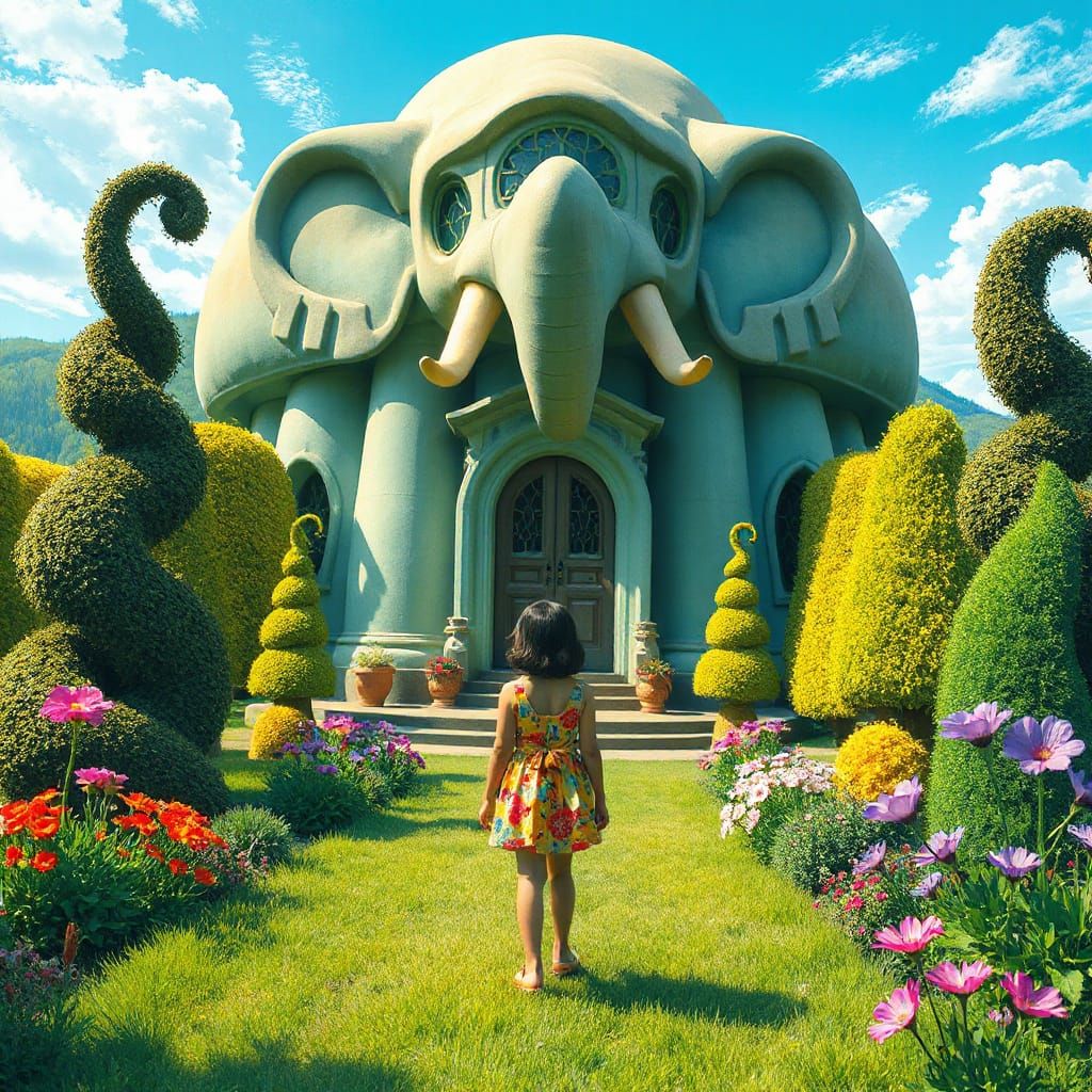 Dreamlike Whimsy: A Girl in a Vibrant Garden Before a Majest...