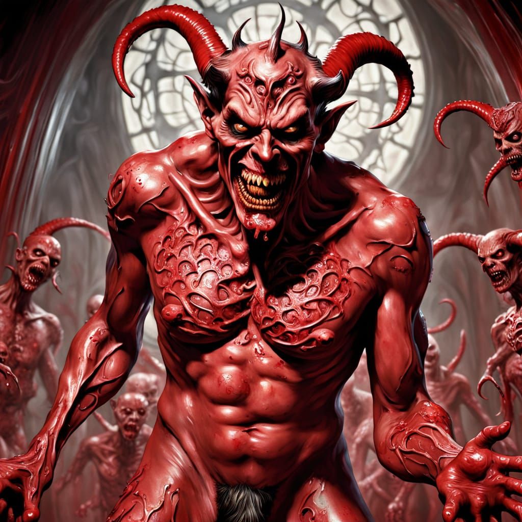 Surreal Wax Sculpture of a Grotesque Figure in Crimson Tatto...