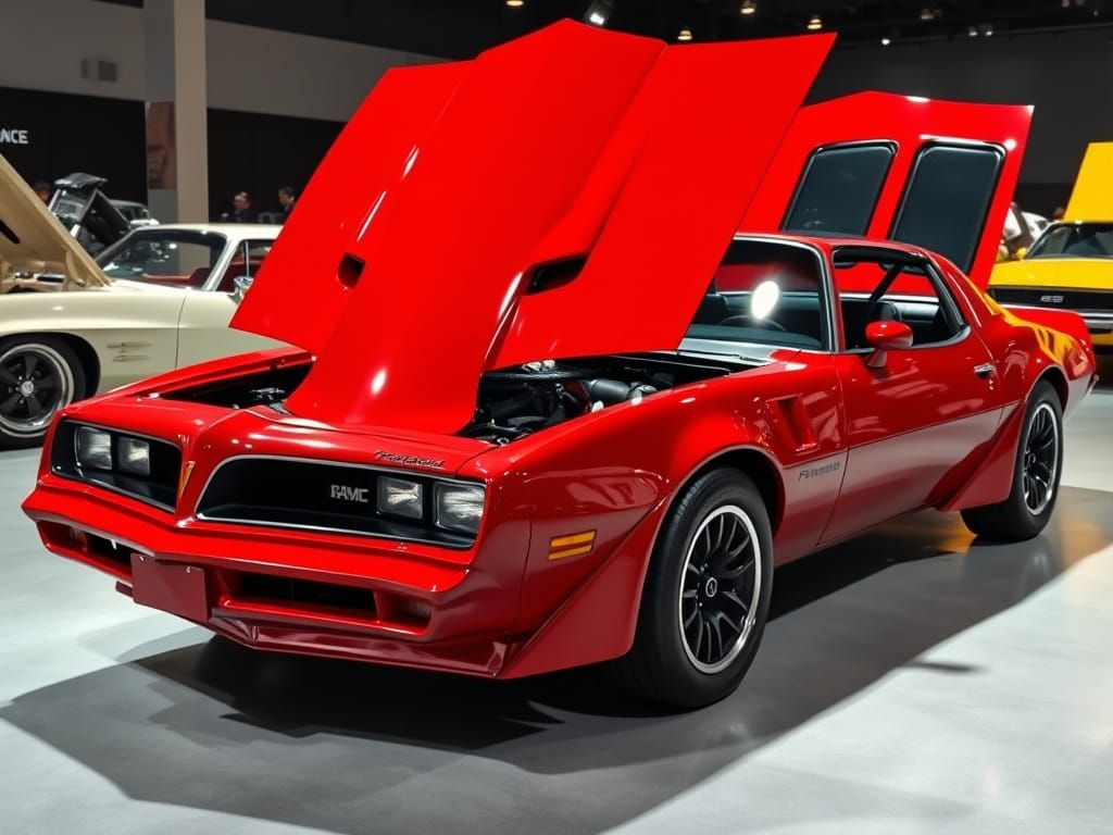 Shiny Cherry Red Pontiac Firebird at Car Show