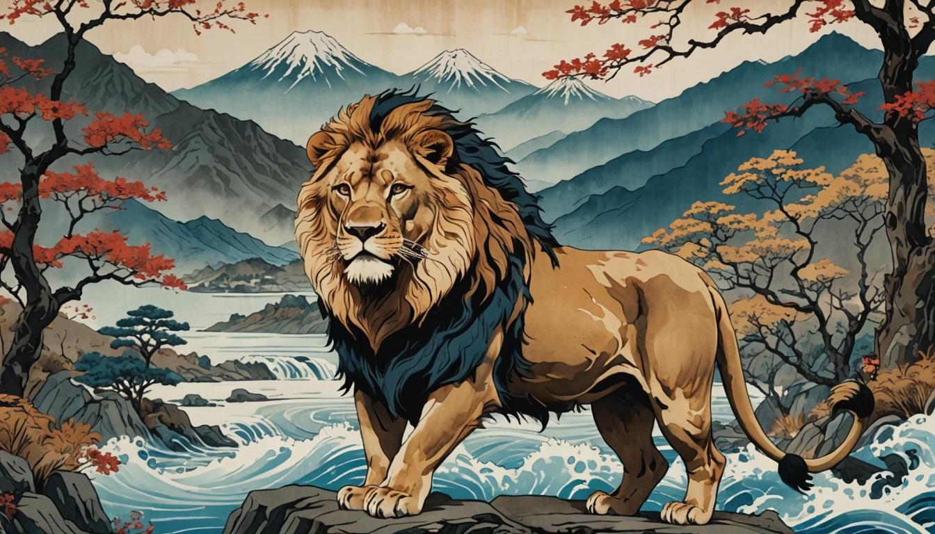 Majestic Lion with Ukiyoe Ink Painting Landscape