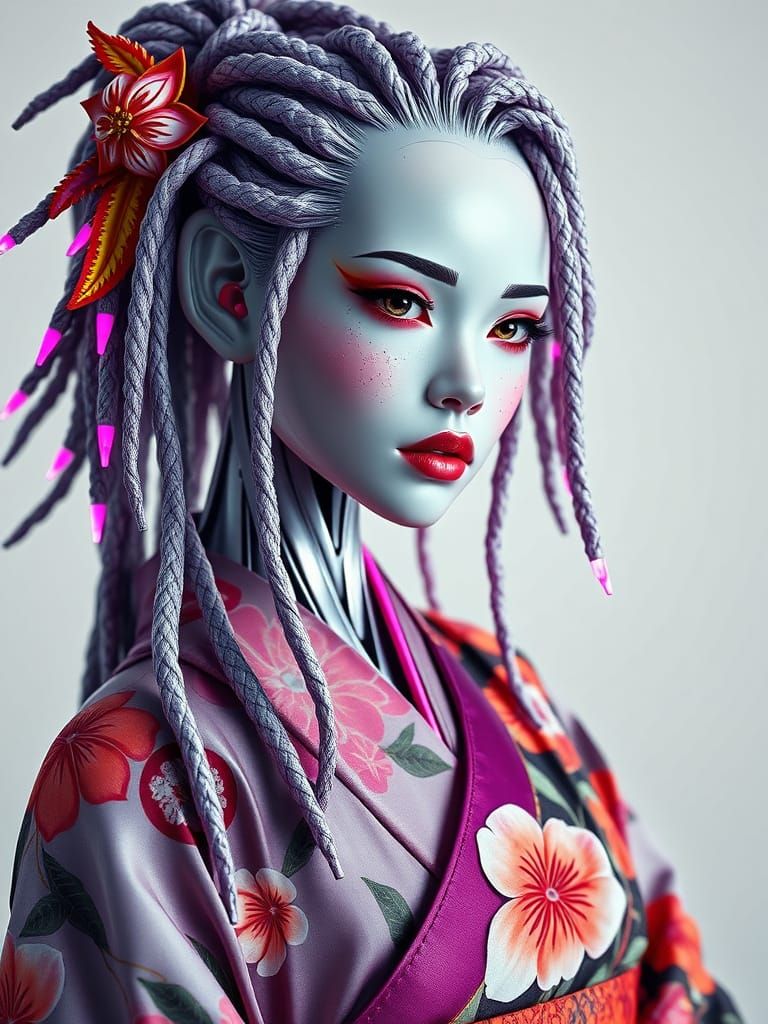 Cyberpunk Goddess in Minimalist Floral Kimono